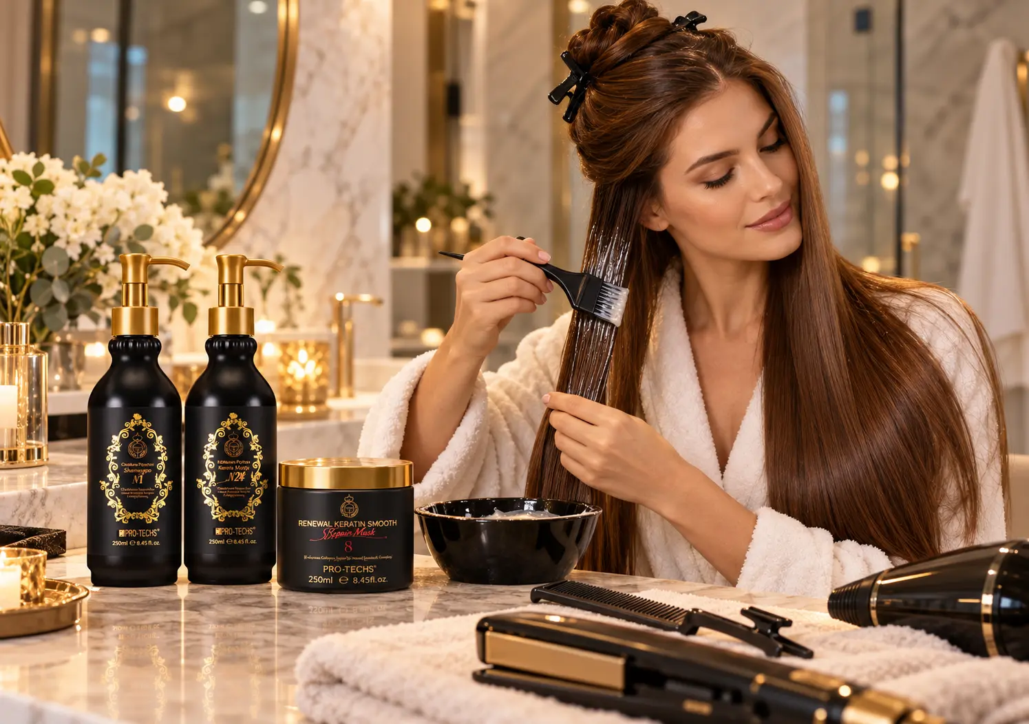 Жена прави кератиново изправяне у дома с продукти PRO-TECHS Keratin 0+
