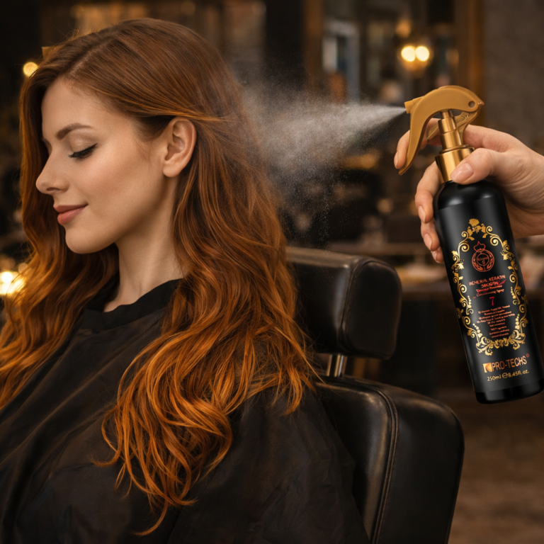 Кератинов спрей за термична защита PRO-TECHS Keratin 0+ №7 – пръскане на коса на фризьорски стол
